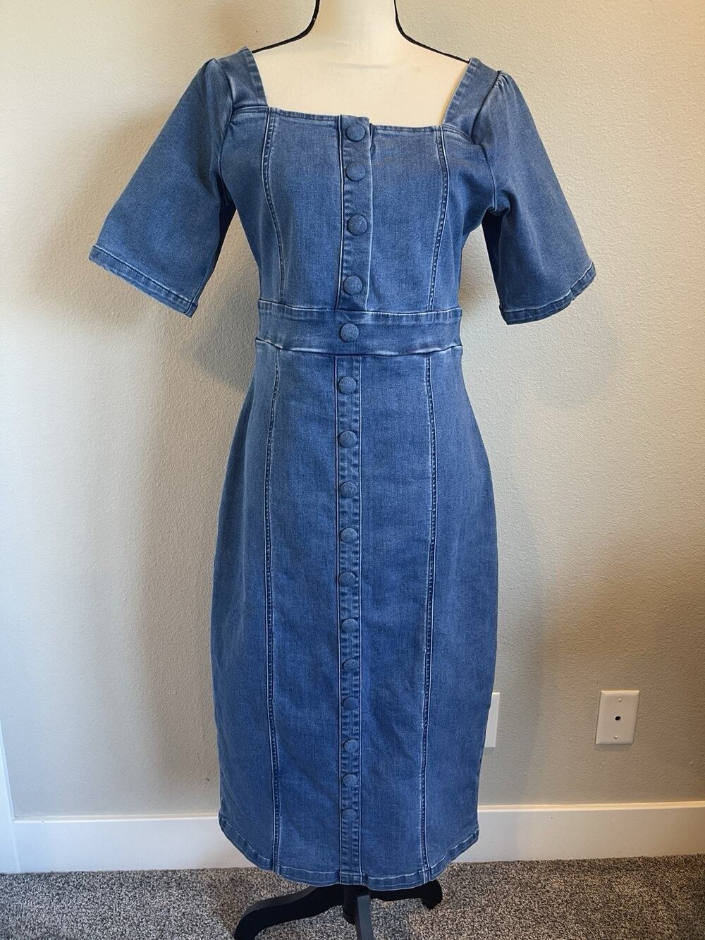 Ivy City Women's Large Lindsay Stretch Blue Denim Midi Dress